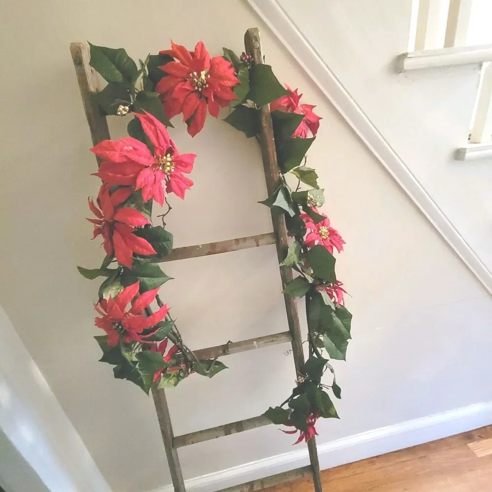 Red Poinsettia & Berry 6ft Mantel Door Stair Flower Swag Arrangement Christmas
